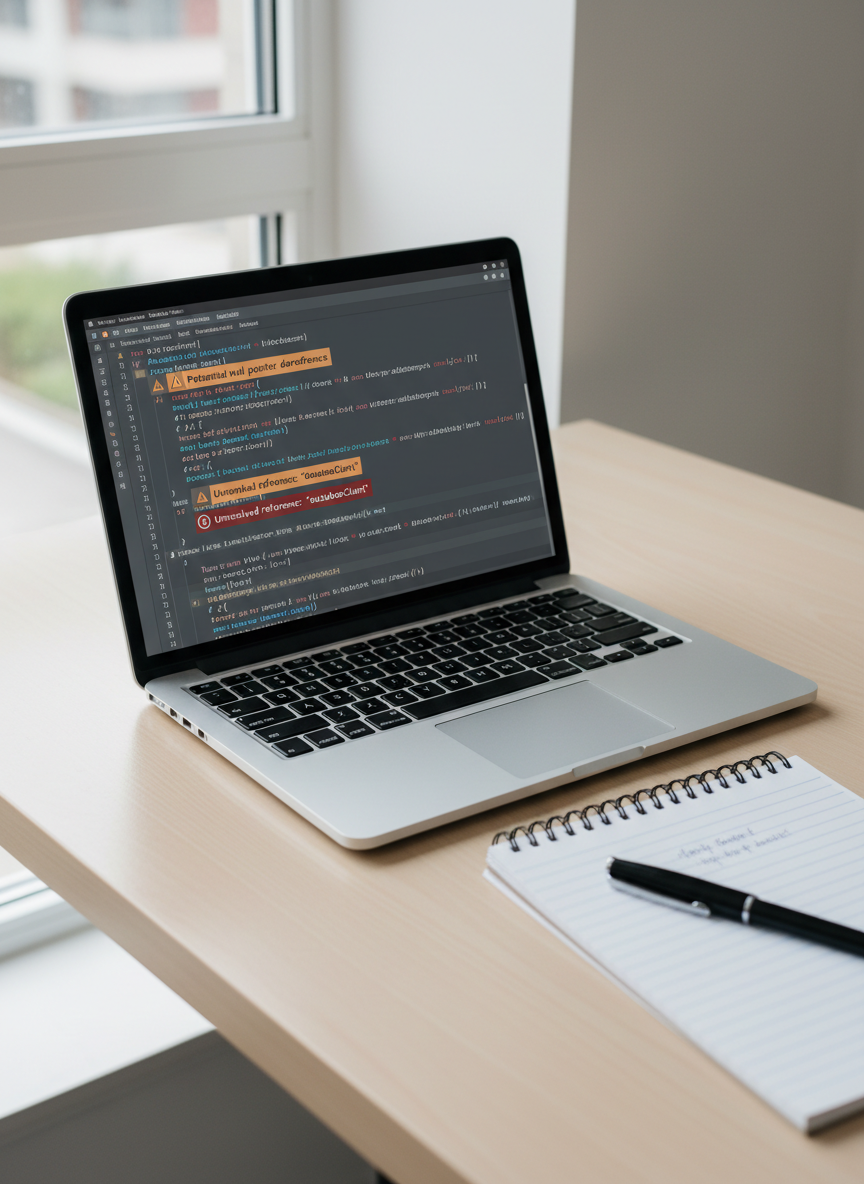 An open silver laptop featuring a crisp, realistic display of a code snippet with warning and error symbols highlighted in muted reds and oranges. The device sits atop a smooth, pale wooden desk beside a lined notepad and a fine-tip black pen. Natural overcast daylight streams from the left, casting soft, even illumination and subtle shadow gradients. The atmosphere is calm and approachable, suggesting readiness for problem-solving. Captured from a three-quarter elevated angle emphasizing intentional space, clean lines, and balanced proportions. The photographic aesthetic is structured and refined, supporting step-by-step troubleshooting content for a technical blog.
