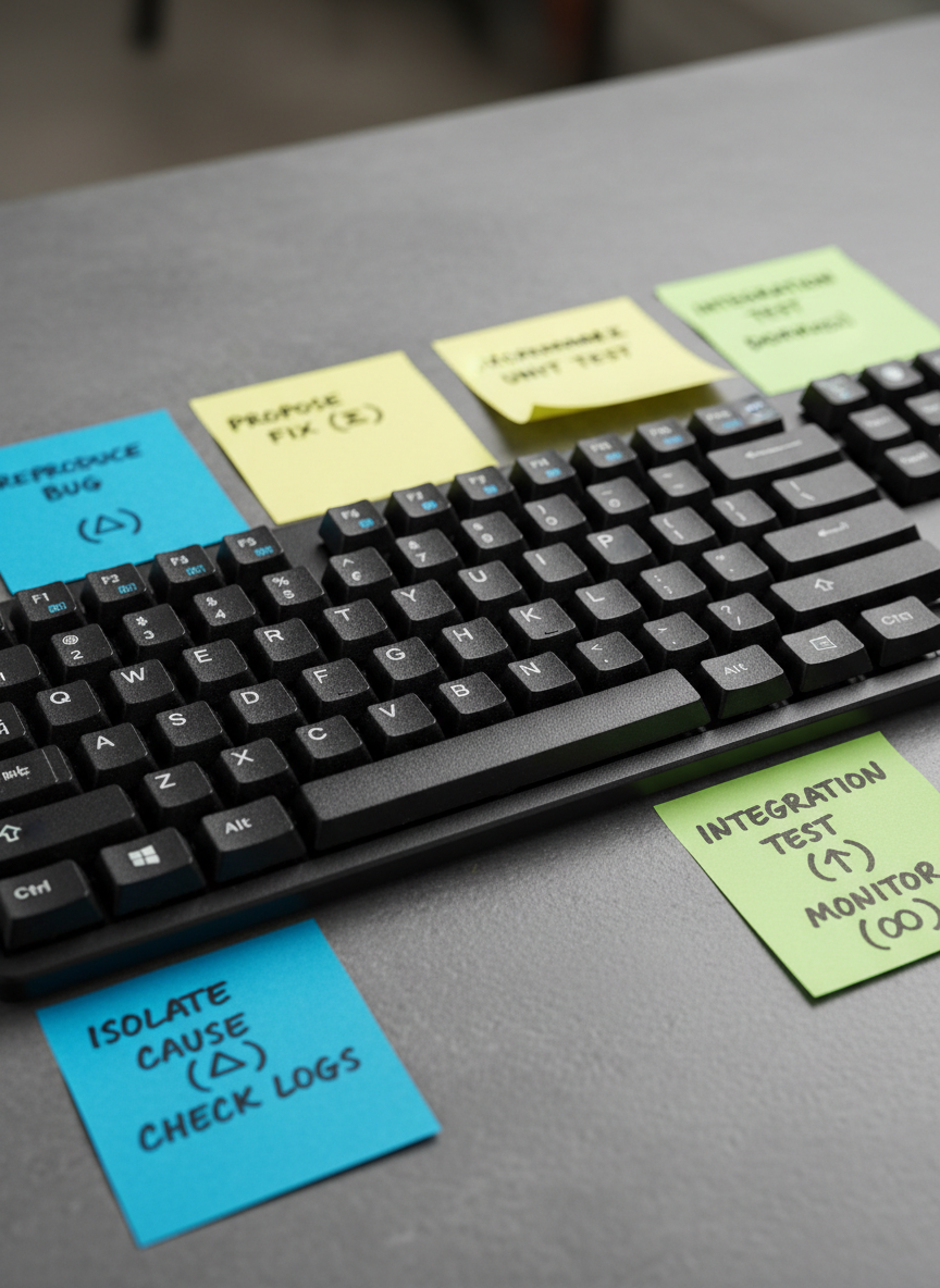 A close-up of a matte black keyboard surrounded by color-coded sticky notes, each neatly labeled with debugging steps and symbols, all arranged on a slate-gray tabletop. The keys are sharply in focus, with visible tactile texture, while the sticky notes introduce faint pops of blue, yellow, and green. Overhead ambient lighting produces gentle, controlled highlights without harsh contrast. The mood is systematic and efficient, underscoring process and guidance. Framed with a shallow depth of field, the composition draws attention to detail, blending minimalism with utility in a professional, photographic style suitable for a codefix blog.